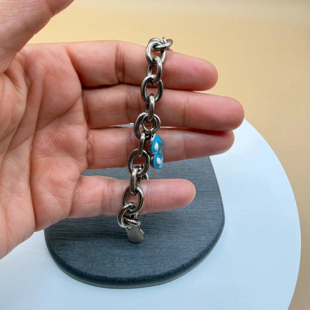 Silver Tone Chunky Chain Enamel Shoe Flower Wine Glass Charm Bracelet 7 Inch
